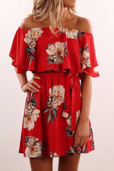 Tied Waist Floral Printed Off The Shoulder Short Sleeve Mini A-Line Dress