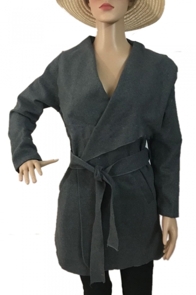 Trendy Tied Front Lapel Collar Long Sleeve Plain Tunic Woolen Coat