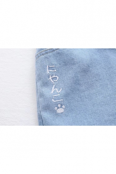 Cat Letter Embroidered Drawstring Waist Loose Denim Shorts