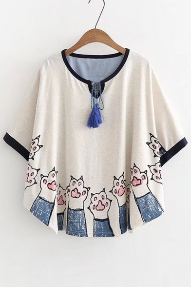 Cat's Paw Printed Round Neck Short Sleeve Tee with Tassel