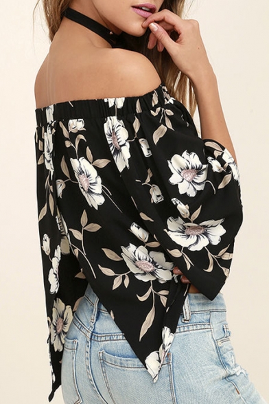 Chic Off The Shoulder Floral Printed 3/4 Length Sleeve Blouse
