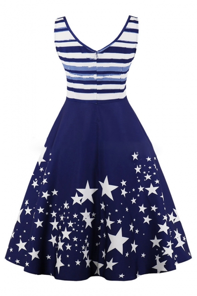 Color Block Striped Star Printed V Neck Sleeveless Midi A-Line Dress