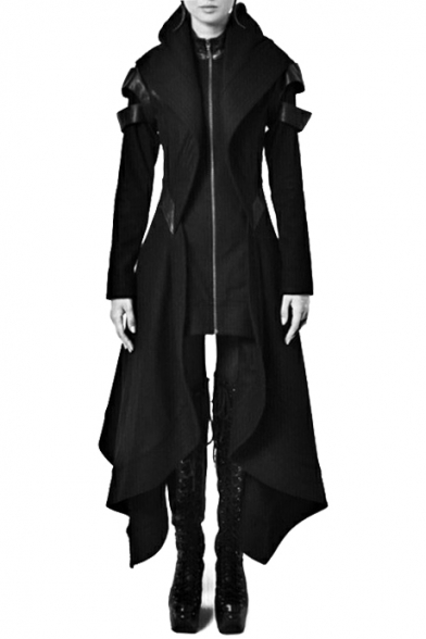 Cool Patchwork Long Sleeve Zip Up Tunic Asymmetric Hooded Coat