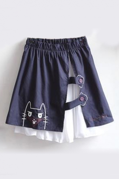 Cute Cat Embroidered Patchwork Elastic Waist Mini A-Line Skirt