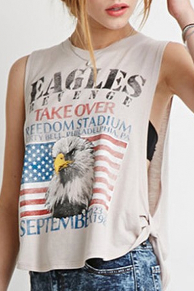 Eagles Letter American Flag Printed Round Neck Sleeveless Tank