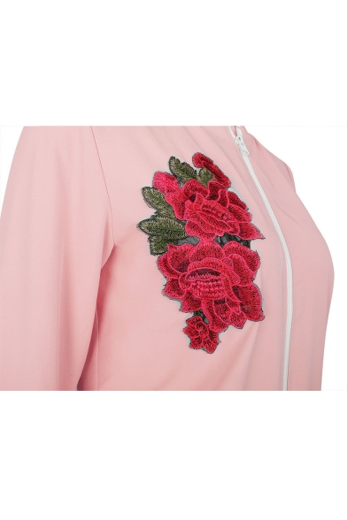 Floral Embroidered Stand Up Collar Long Sleeve Zip Up Coat