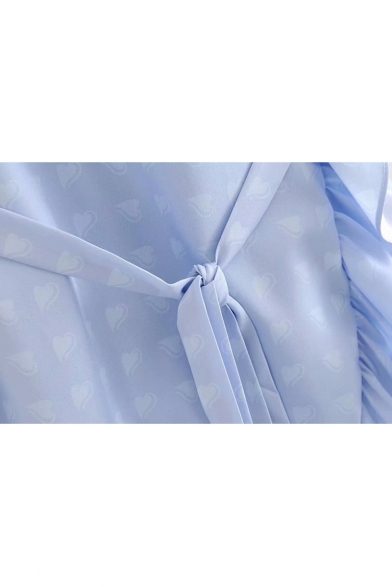 Heart Printed V Neck Short Sleeve Ruffle Detail Midi A-Line Dress