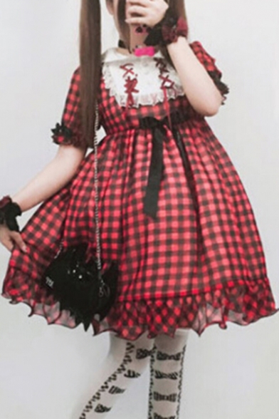 Lolita Style Peter Pan Collar Lace Insert Plaid Printed Buttons Embellished Midi Smock Dress