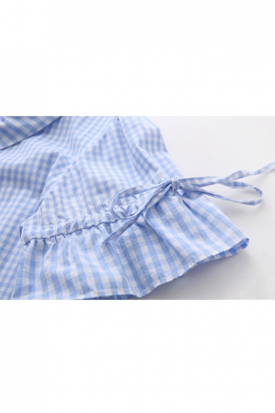 Plaid Printed Lapel Collar Short Sleeve Bow Embellished Midi A-Line Dress