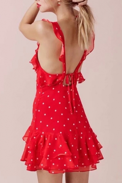 Sexy Plunge Neck Polka Dot Printed Ruffle Detail Sleeveless Mini A-Line Dress