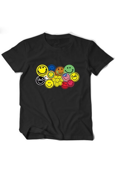 Smile Face Printed Round Neck Short Sleeve Leisure Tee