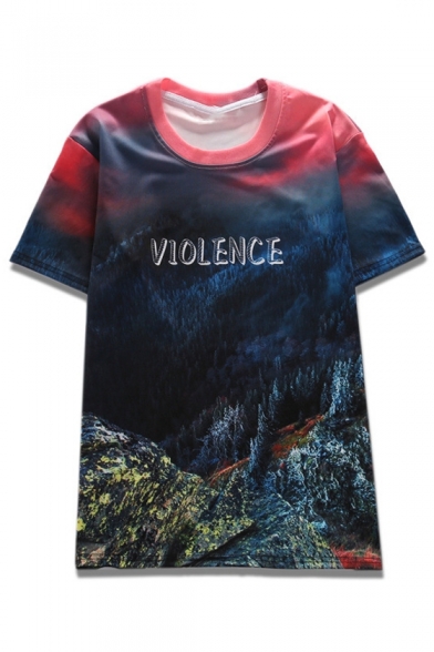 VIOLENCE Letter Landscape Printed Round Neck Short Sleeve Tee
