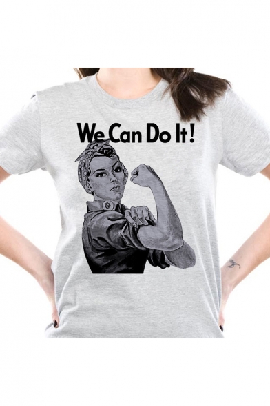 WE CAN DO IT Letter Character Printed Round Neck Short Sleeve Tee