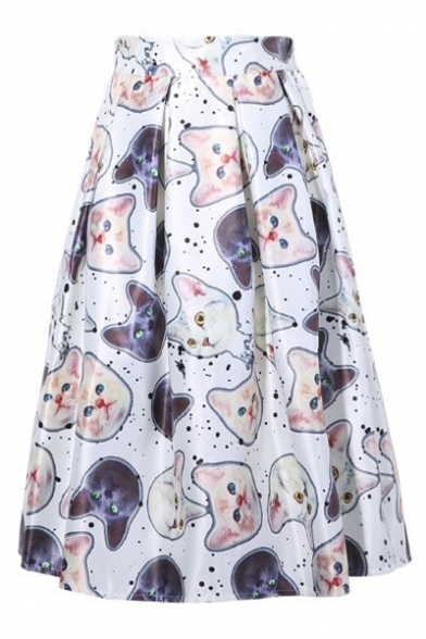 3D Cat Printed Elastic Waist Midi A-Line Skirt