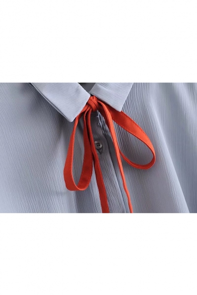 Bow Tie Lapel Collar Long Sleeve Ruffle Detail Button Down Shirt