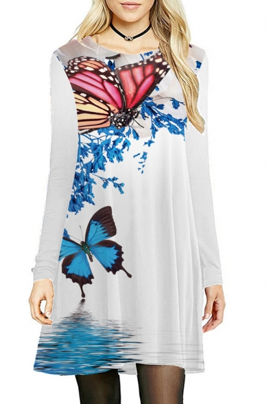 Butterfly Leaf Printed Round Neck Long Sleeve Midi A-Line Dress