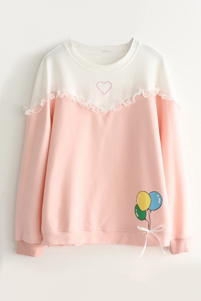 Color Block Balloon Heart Pattern Long Sleeve Leisure Pullover Sweatshirt