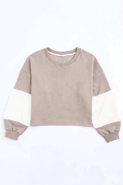 Color Block Fake Fur Patchwork Round Neck Long Sleeve Crop Sweatshirt