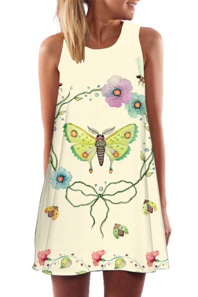 Floral Butterfly Printed Round Neck Sleeveless Mini A-Line Dress