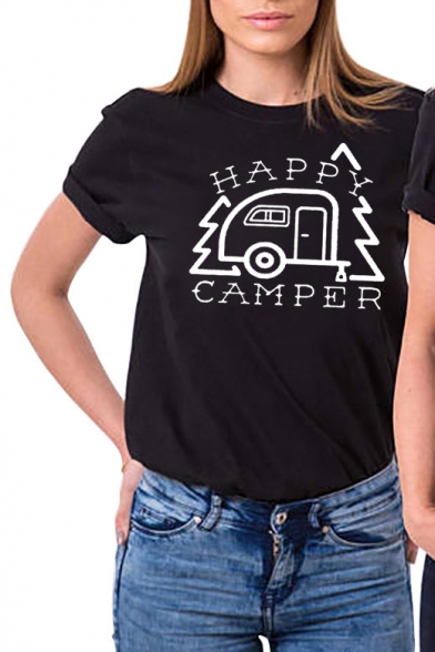 HAPPY CAMPER Letter Car Printed Round Neck Short Sleeve Tee