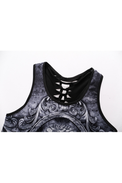 Hollow Out Back Skull Floral Printed Round Neck Sleeveless Tank