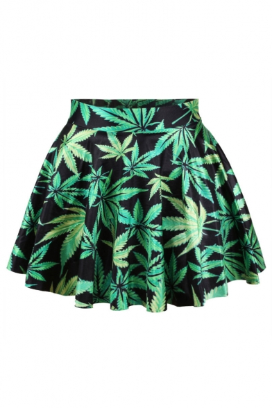 Leaf Printed Elastic Waist Mini A-Line Skirt