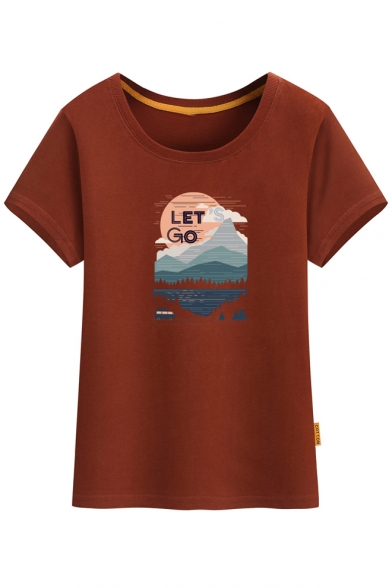 LET GO Letter Mountain Printed Round Neck Short Sleeve Tee