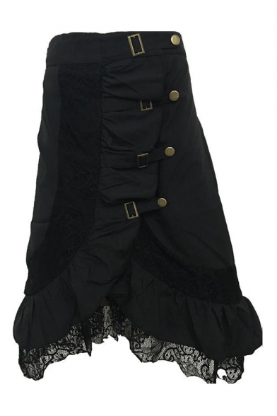 Punk Style Button Down Lace Insert Midi Asymmetric Skirt