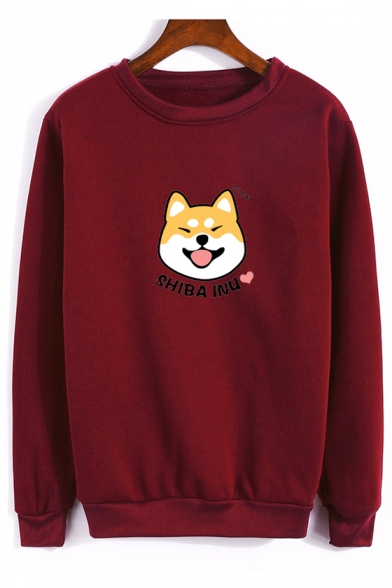 SHIBA INU Letter Dog Printed Round Neck Long Sleeve Sweatshirt