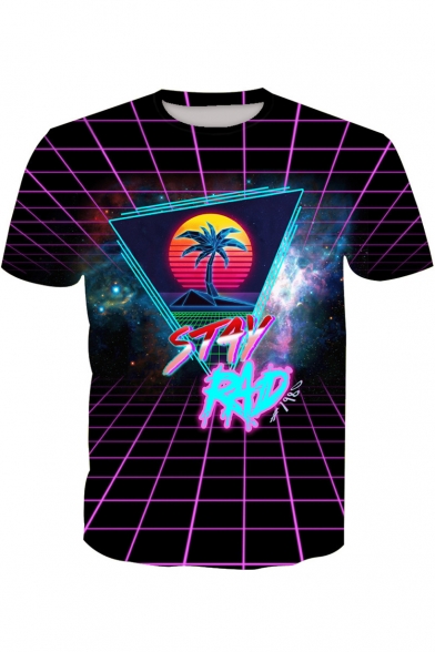 STAY RAD Letter Digital Triangle Coconut Tree Printed Round Neck Short Sleeve Tee