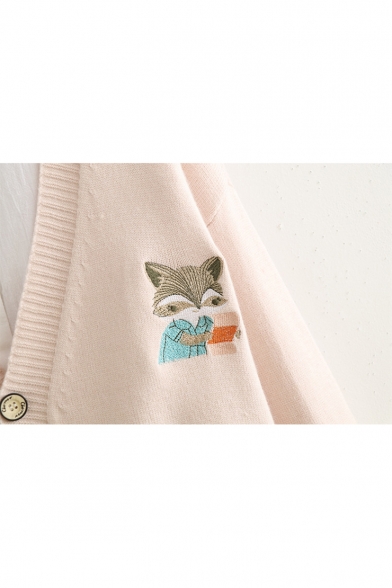 V Neck Button Down Long Sleeve Fox Embroidered Cardigan
