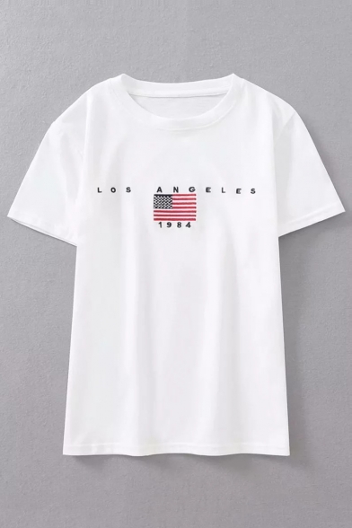 American Flag Letter Embroidered Round Neck Short Sleeve Tee
