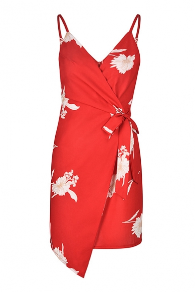Bow Tie Waist Floral Printed Spaghetti Straps Sleeveless Mini Asymmetric Dress