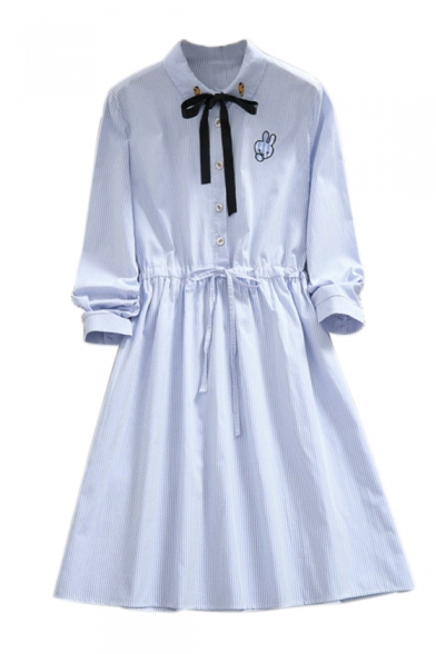 Button Down Lapel Collar Rabbit Embroidered Striped Printed Long Sleeve Midi A-Line Dress