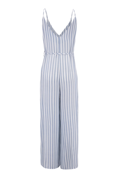 Button Embellished Spaghetti Straps Sleeveless Striped Printed Jumpsuit