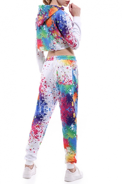 Colorful Splash Ink Printed Long Sleeve Crop Hoodie with Drawstring Waist Pants Co-ords