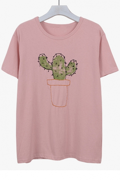 Cotton Cartoon Cactus Embroidered Round Neck Short Sleeve Tee