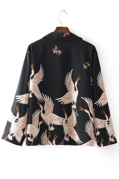 Crane Floral Printed Lapel Collar Long Sleeve Button Down Chiffon Shirt