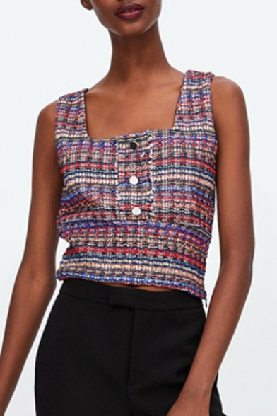 Fashion Button Front Square Neck Sleeveless Crop Tweed Tank