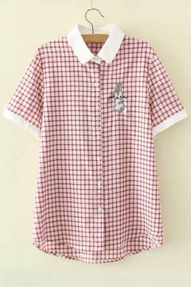 Fashion Plaid Pattern Rabbit Embroidered Short Sleeve Contrast Hem Shirt