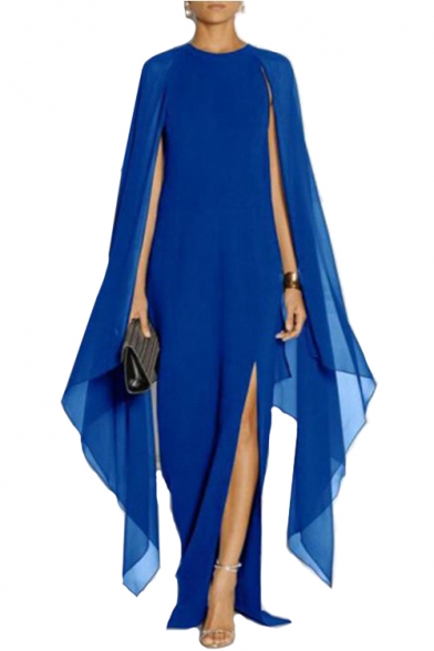 Fashionable Round Neck Split Sleeve Patchwork Maxi A-Line Dress