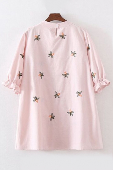 Floral Embroidered Ruffle Detail 3/4 Length Sleeve Shift Dress