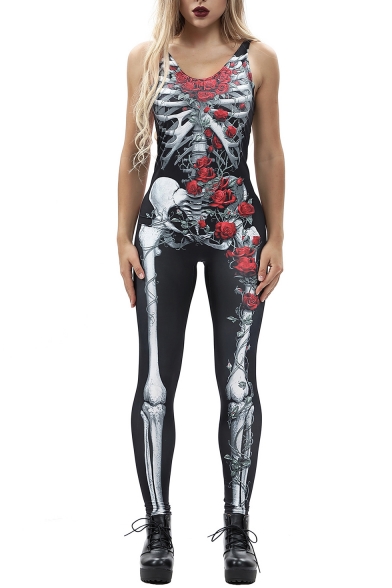 Floral Skeleton Printed V Neck Sleeveless Jumpsuit