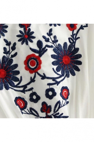 Folk Style Floral Embroidered V Neck Loose Batwing Half Sleeve Tunic Blouse