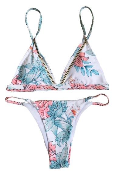 Holiday Hollow Out Detail Floral Printed Spaghetti Straps Sleeveless Bikini