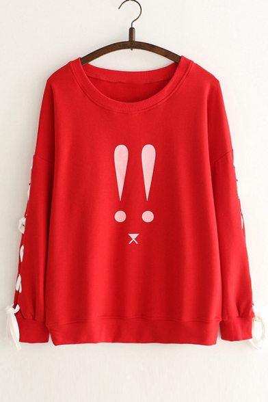 Lace Up Embellished Long Sleeve Rabbit Printed Round Neck Sweatshirt