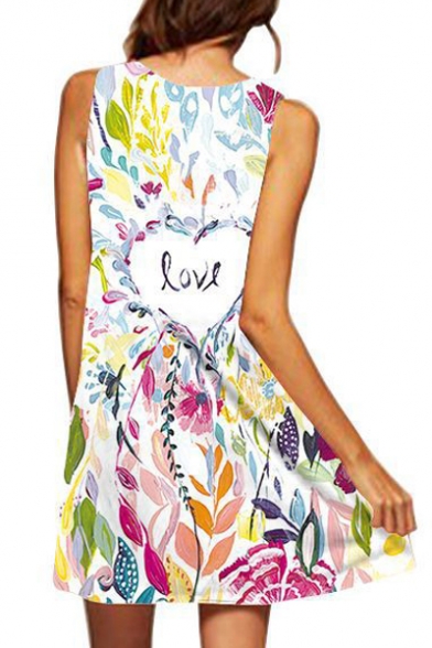 LOVE Letter Heart Leaf Printed Round Neck Sleeveless Mini A-Line Dress