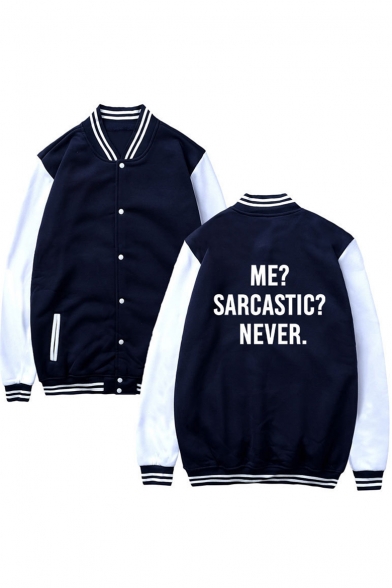 ME Letter Contrast Striped Trim Printed Color Block Long Sleeve Button Down Baseball Jacket