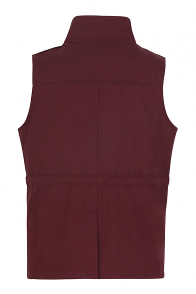 Plain Drawstring Waist Sleeveless Lapel Collar Vest Coat with Multi Pockets