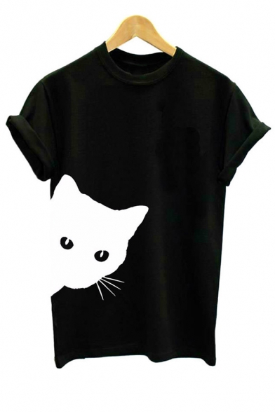 Round Neck Short Sleeve Cat Printed Leisure Tee